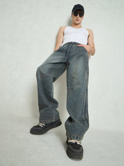 Men Blue Washed Knee Dart Wide Leg Jeans-MSJEAN0754