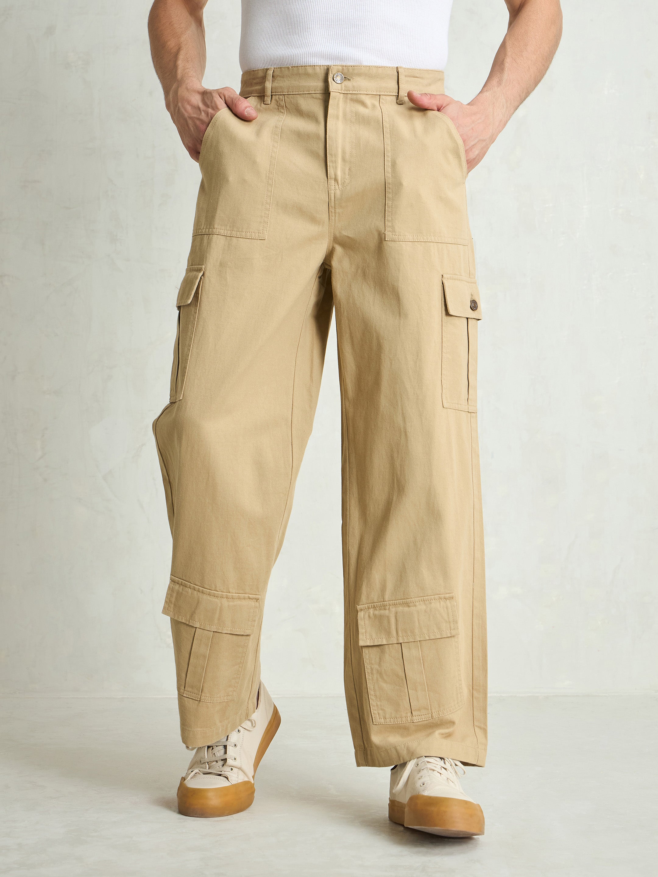 Men Beige Twill Utility Cargo Pockets Wide Leg Pants-MSJEAN0755
