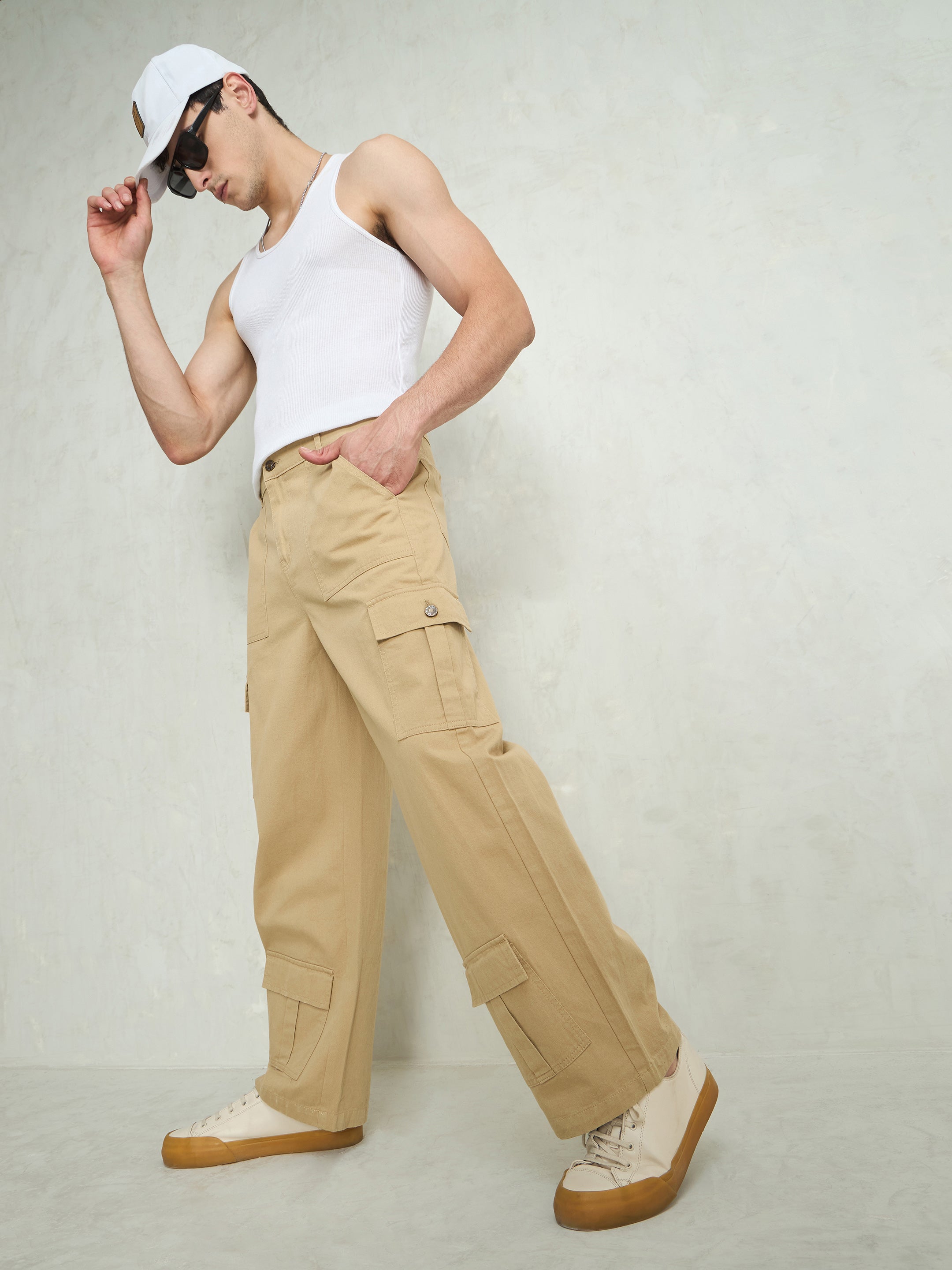 Men Beige Twill Utility Cargo Pockets Wide Leg Pants-MSJEAN0755