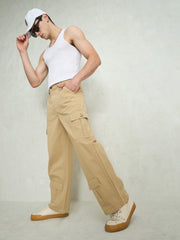 Men Beige Twill Utility Cargo Pockets Wide Leg Pants-MSJEAN0755