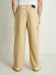 Men Beige Twill Utility Cargo Pockets Wide Leg Pants-MSJEAN0755