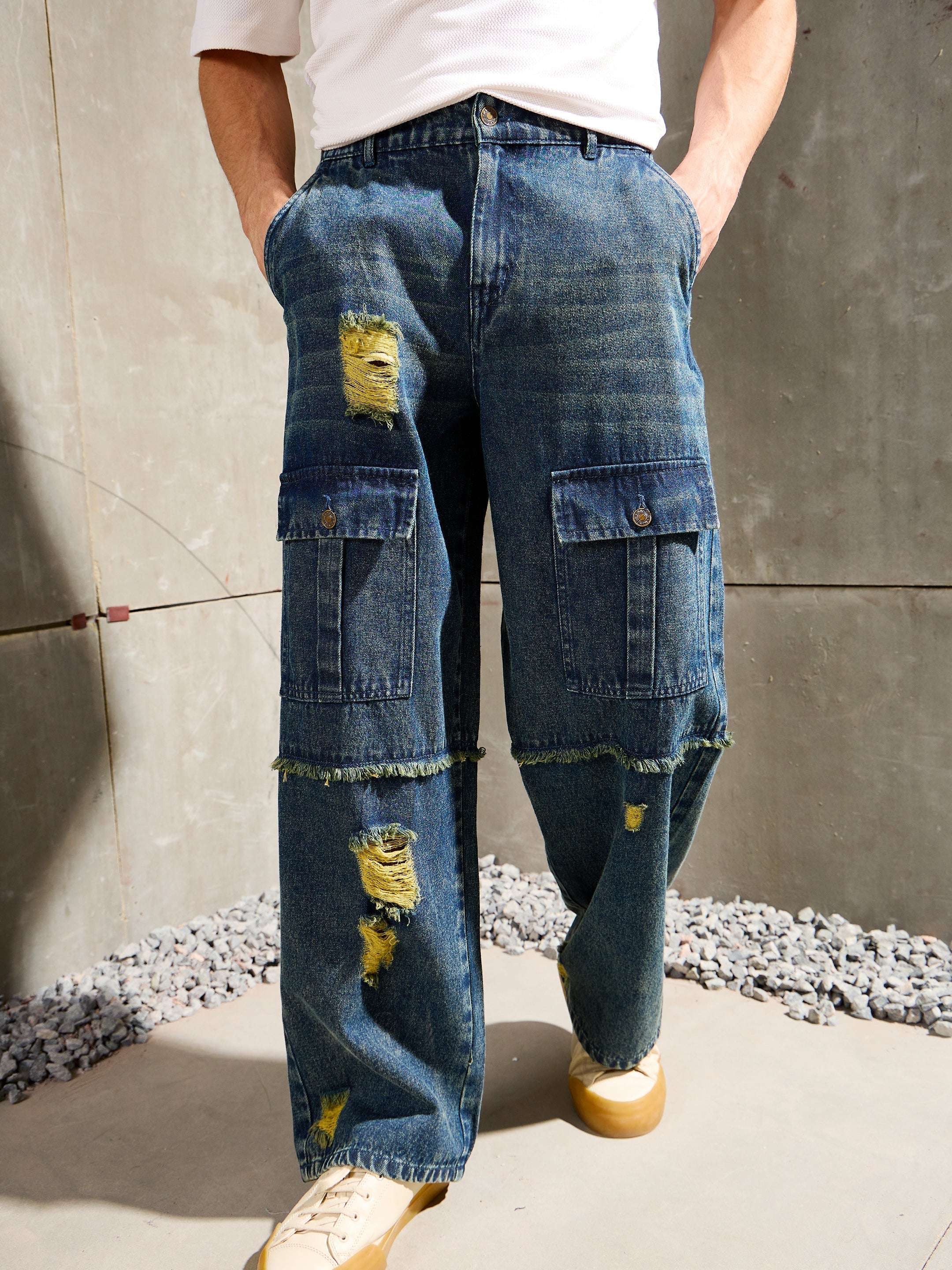 Men Blue Washed Distressed Wide Leg Jeans-MSJEAN0760