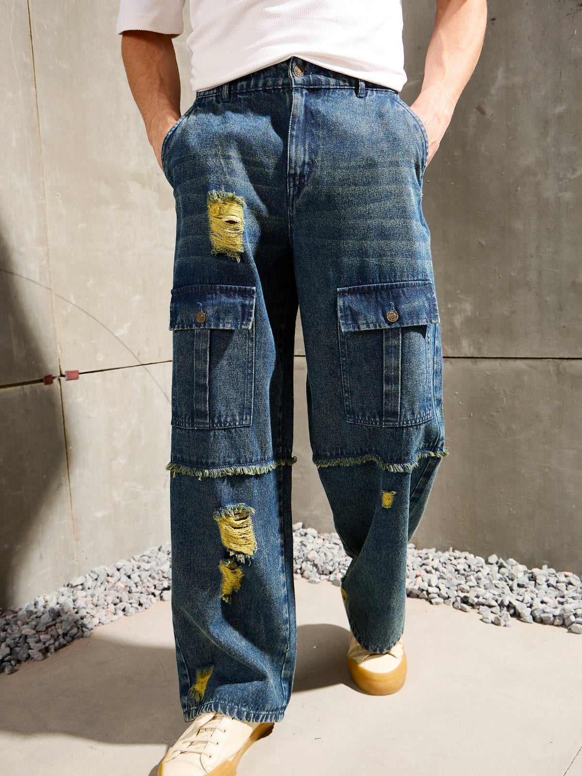 Men Blue Washed Distressed Wide Leg Jeans-MSJEAN0760