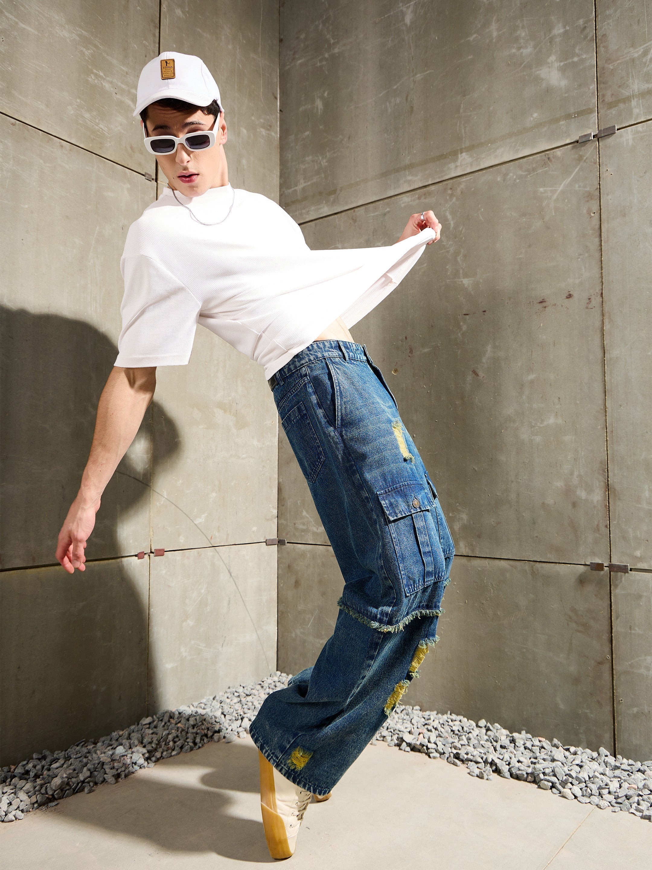 Men Blue Washed Distressed Wide Leg Jeans-MSJEAN0760