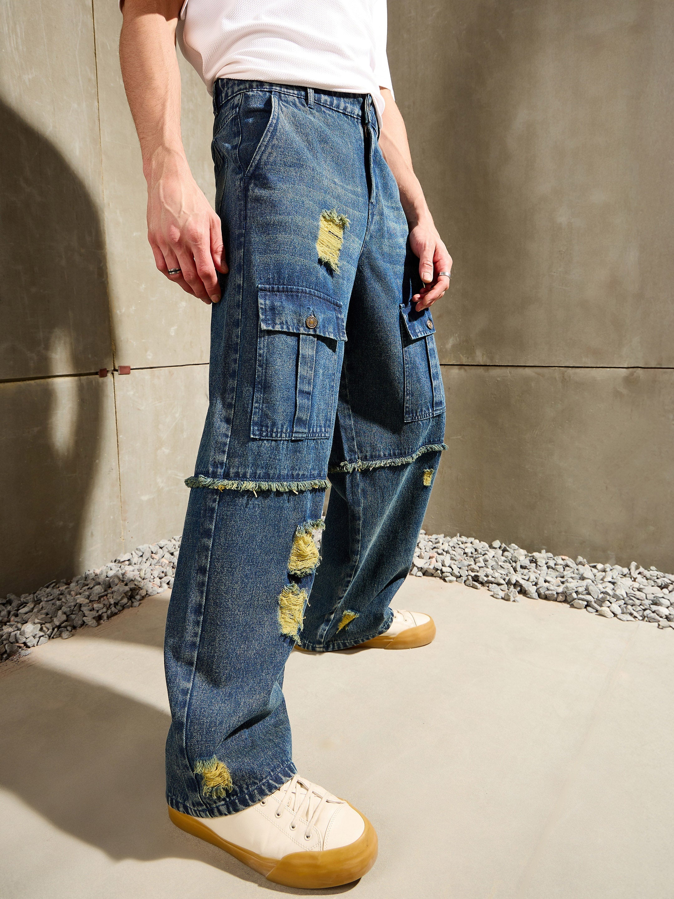 Men Blue Washed Distressed Wide Leg Jeans-MSJEAN0760