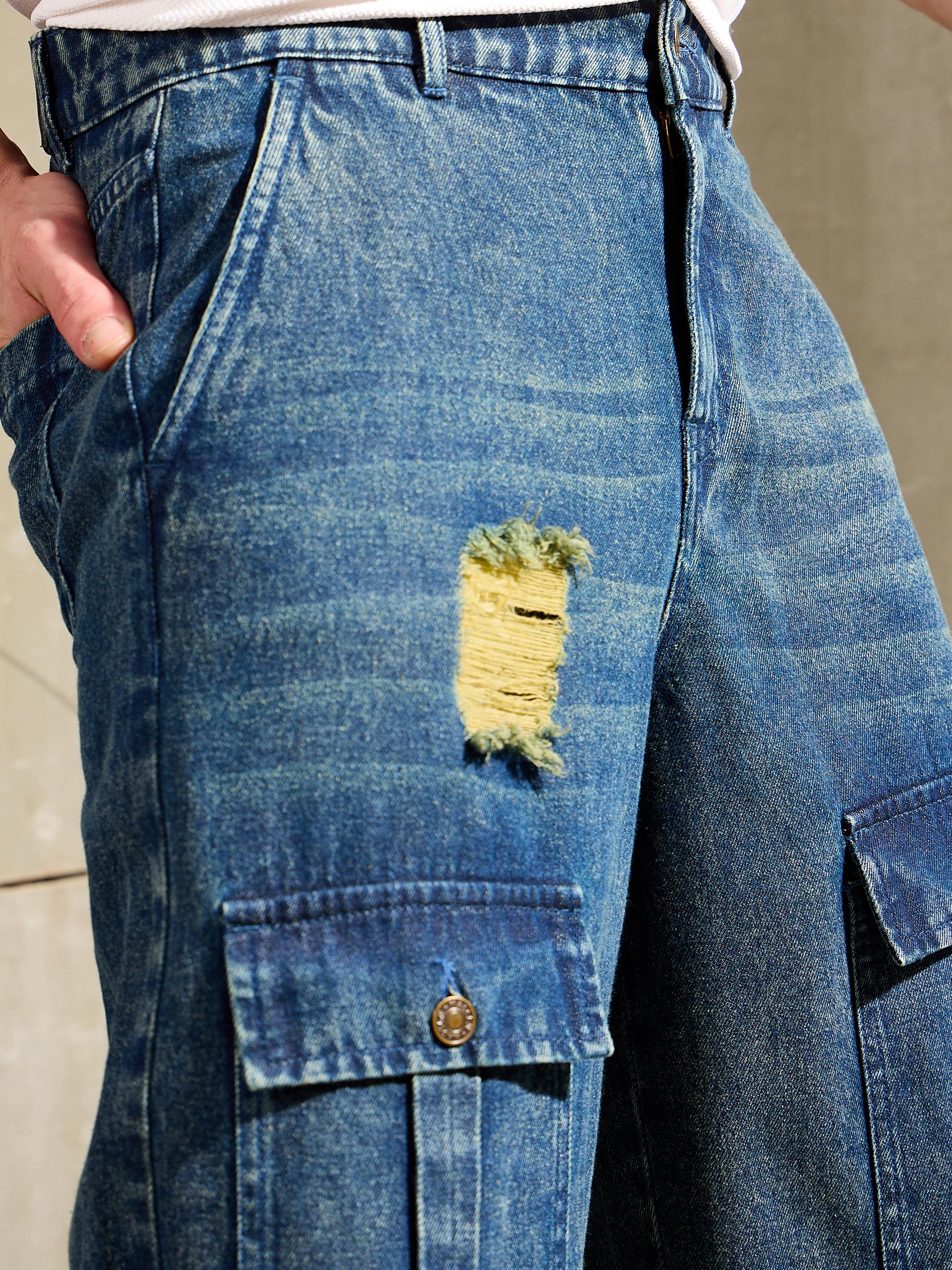 Men Blue Washed Distressed Wide Leg Jeans-MSJEAN0760