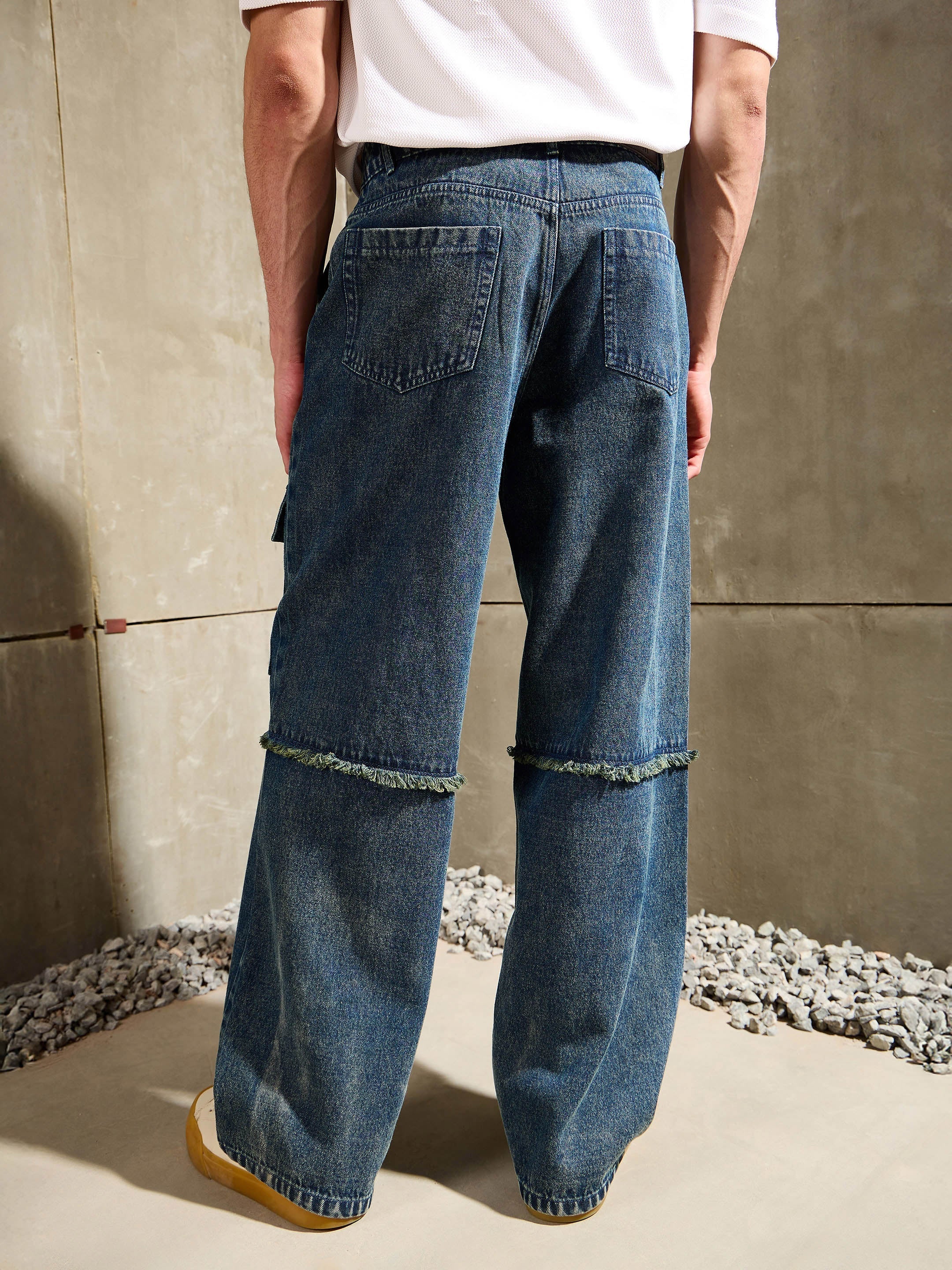 Men Blue Washed Distressed Wide Leg Jeans-MSJEAN0760