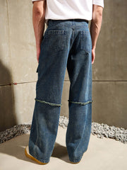Men Blue Washed Distressed Wide Leg Jeans-MSJEAN0760
