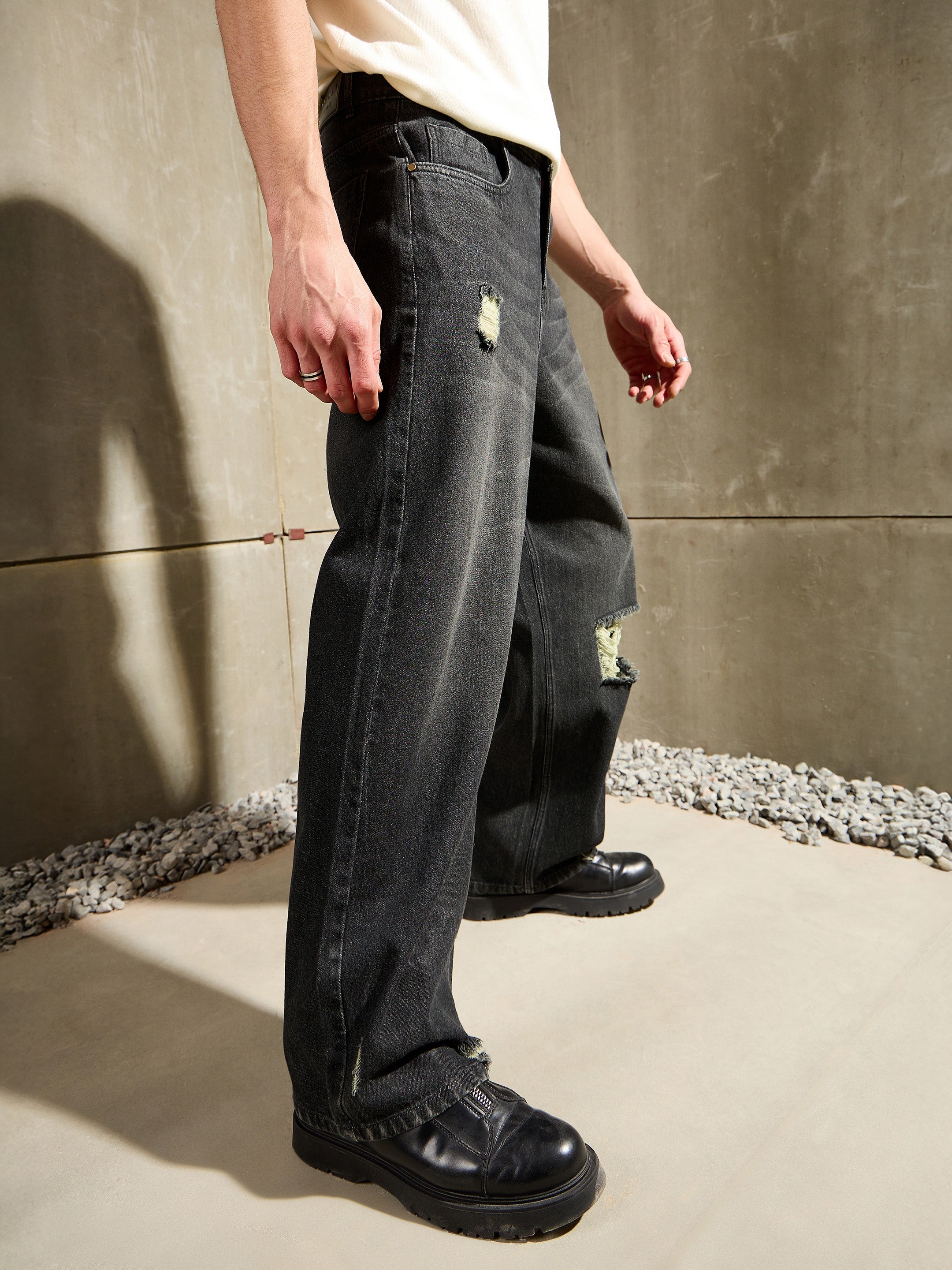 Men Black Distressed Whisker Wash Wide Leg Jeans-MSJEAN0762