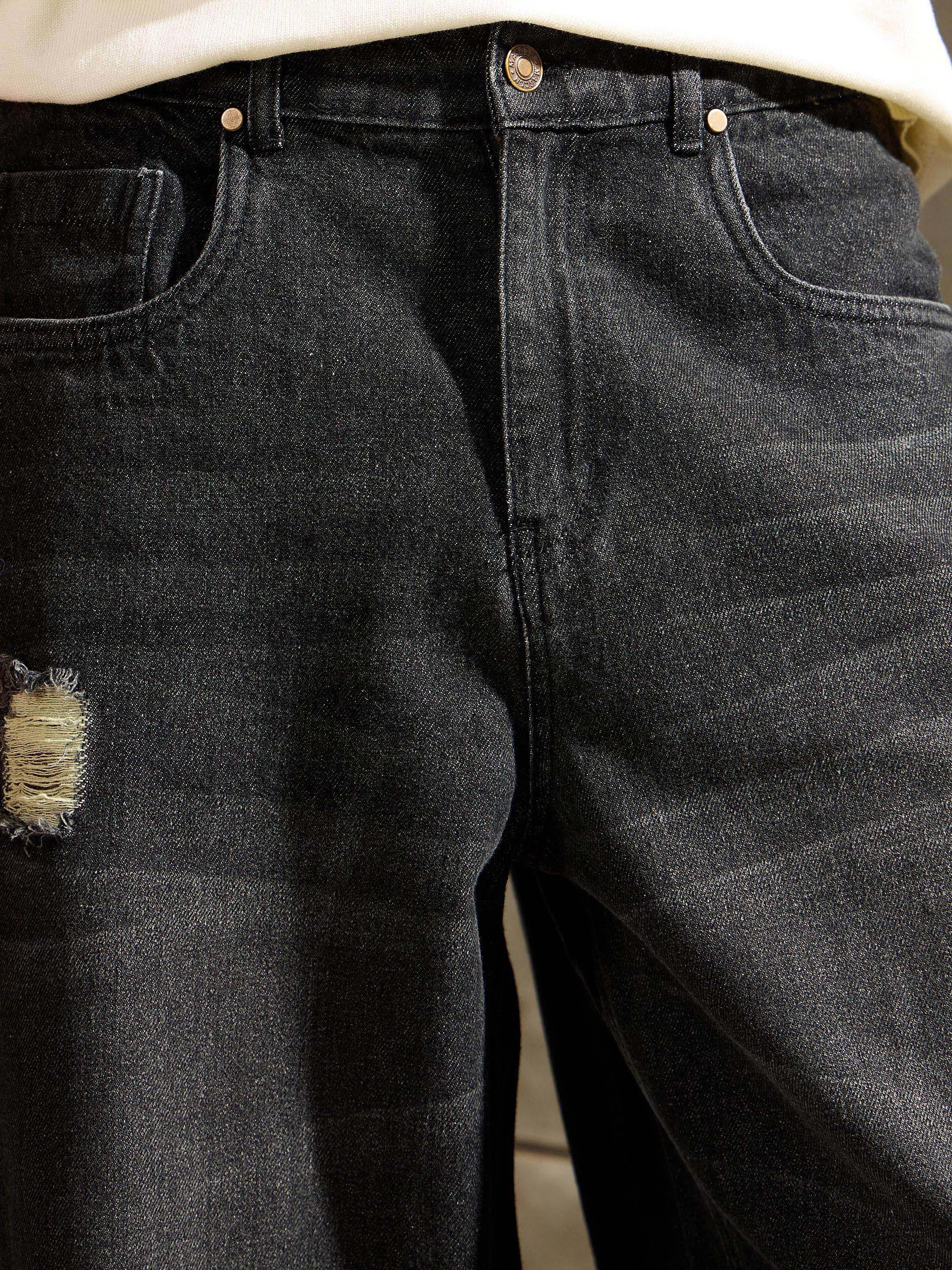 Men Black Distressed Whisker Wash Wide Leg Jeans-MSJEAN0762