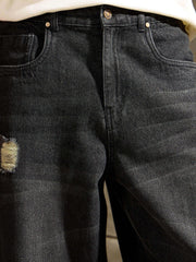 Men Black Distressed Whisker Wash Wide Leg Jeans-MSJEAN0762