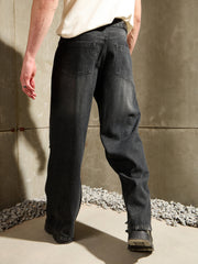 Men Black Distressed Whisker Wash Wide Leg Jeans-MSJEAN0762