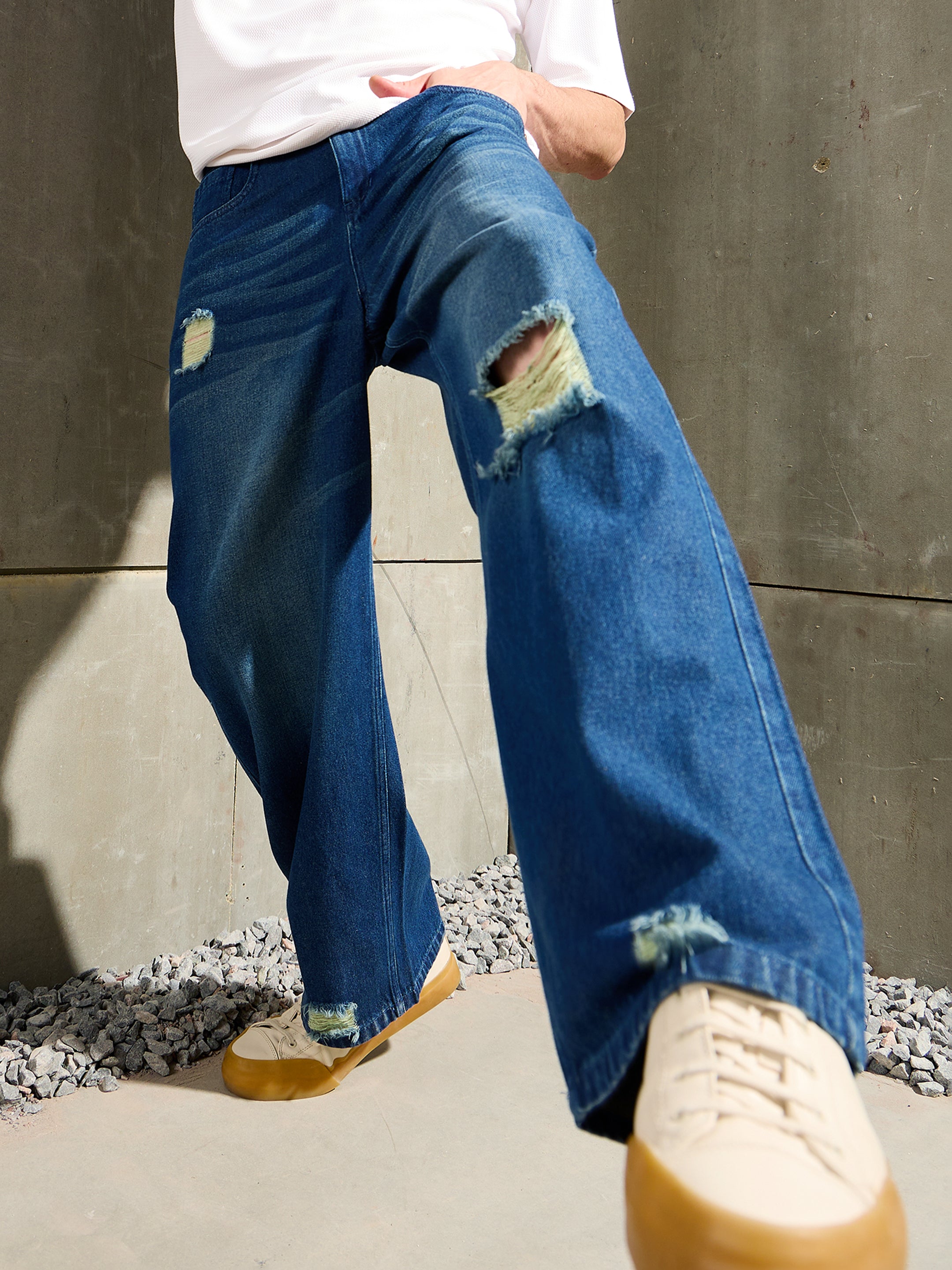 Men Blue Distressed Whisker Wash Wide Leg Jeans-MSJEAN0763