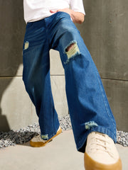Men Blue Distressed Whisker Wash Wide Leg Jeans-MSJEAN0763