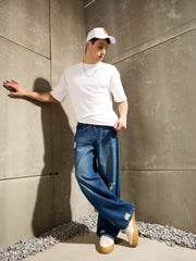 Men Blue Distressed Whisker Wash Wide Leg Jeans-MSJEAN0763