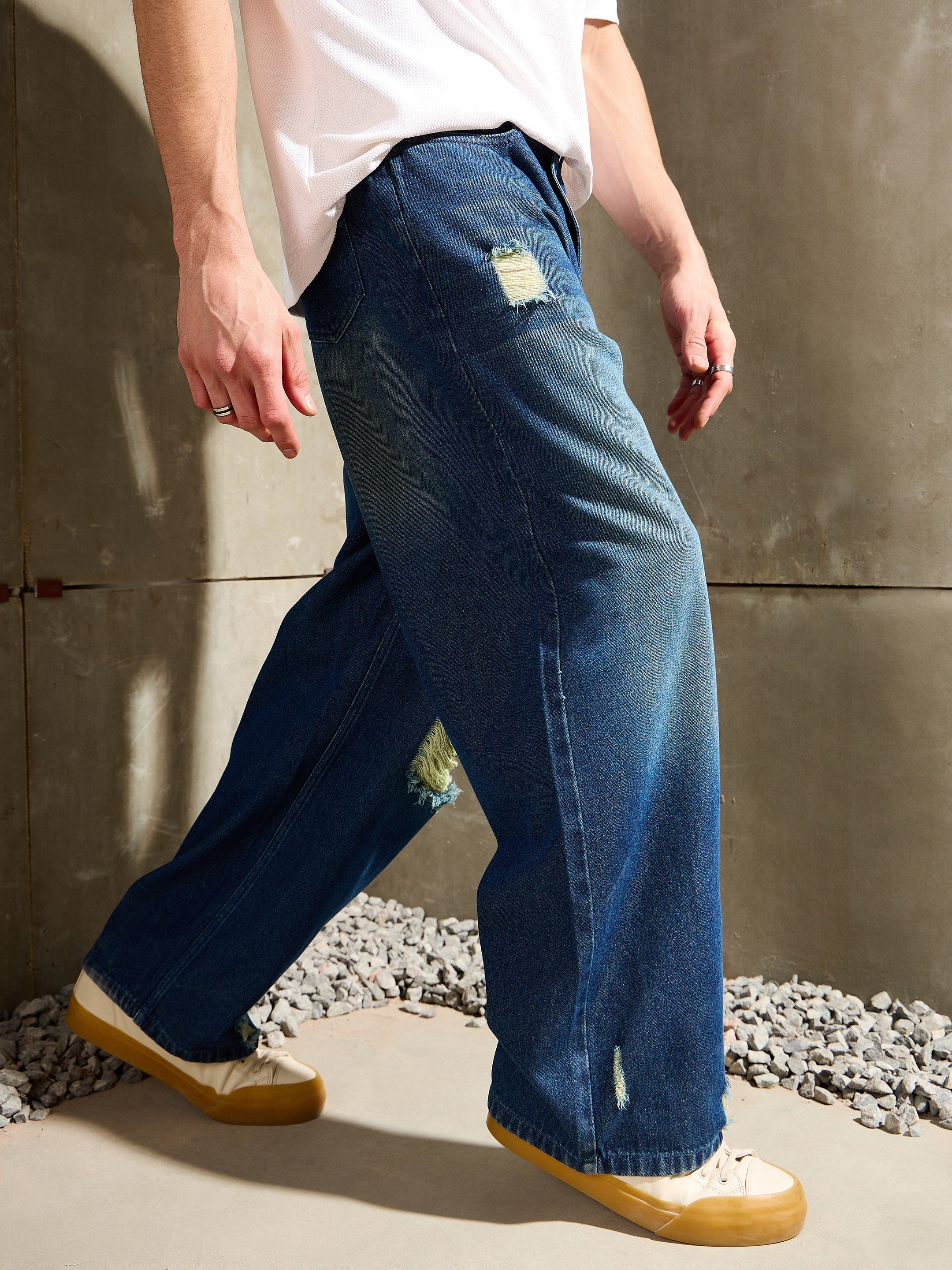 Men Blue Distressed Whisker Wash Wide Leg Jeans-MSJEAN0763