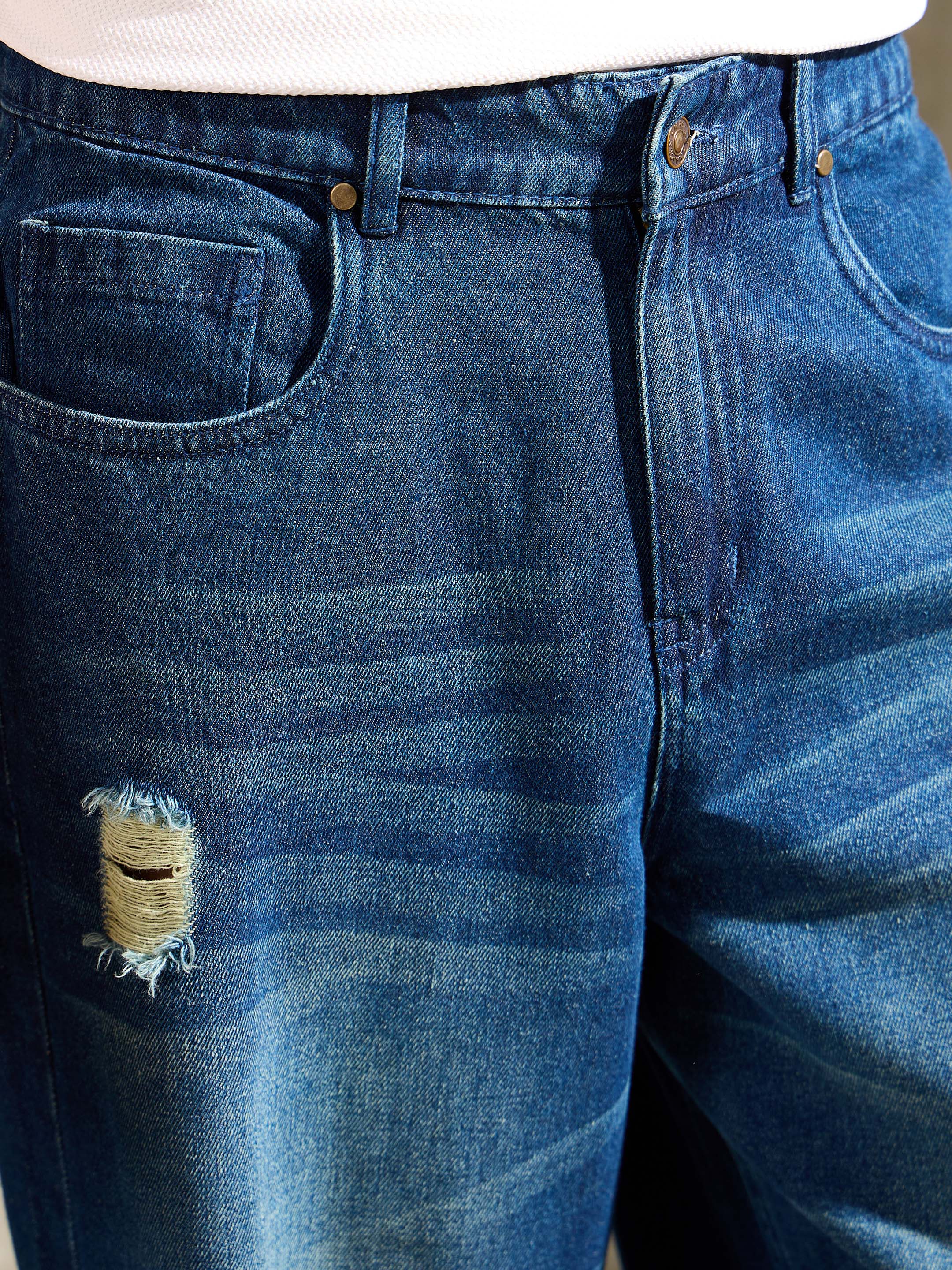 Men Blue Distressed Whisker Wash Wide Leg Jeans-MSJEAN0763