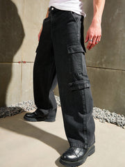 Men Black Wash Wide Leg Cargo Jeans-MSJEAN0764