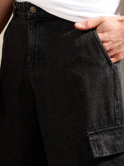 Men Black Wash Wide Leg Cargo Jeans-MSJEAN0764
