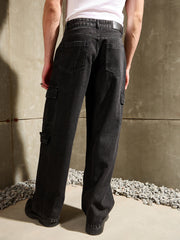 Men Black Wash Wide Leg Cargo Jeans-MSJEAN0764