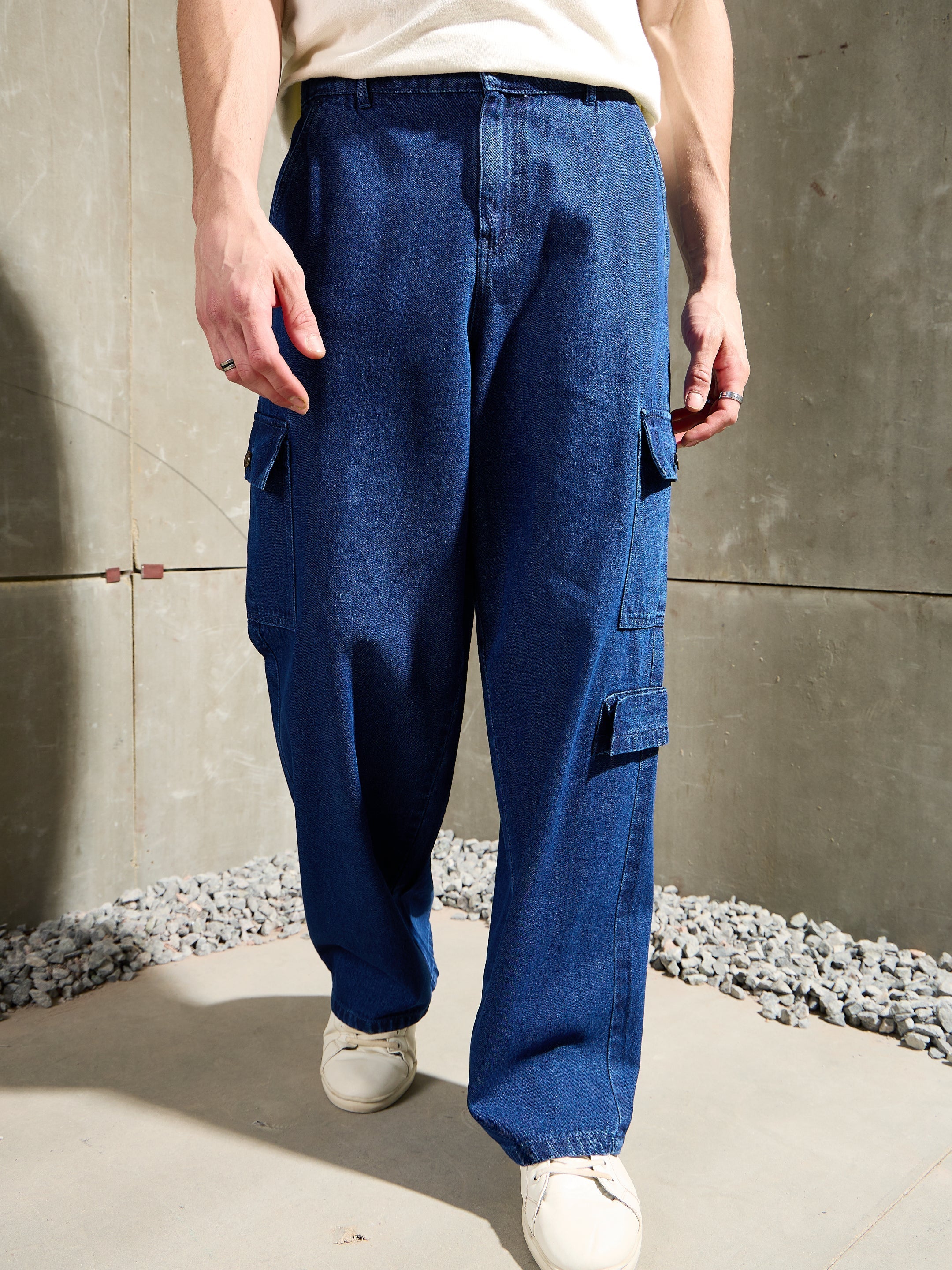 Men Navy Blue Wide Leg Cargo Jeans-MSJEAN0765