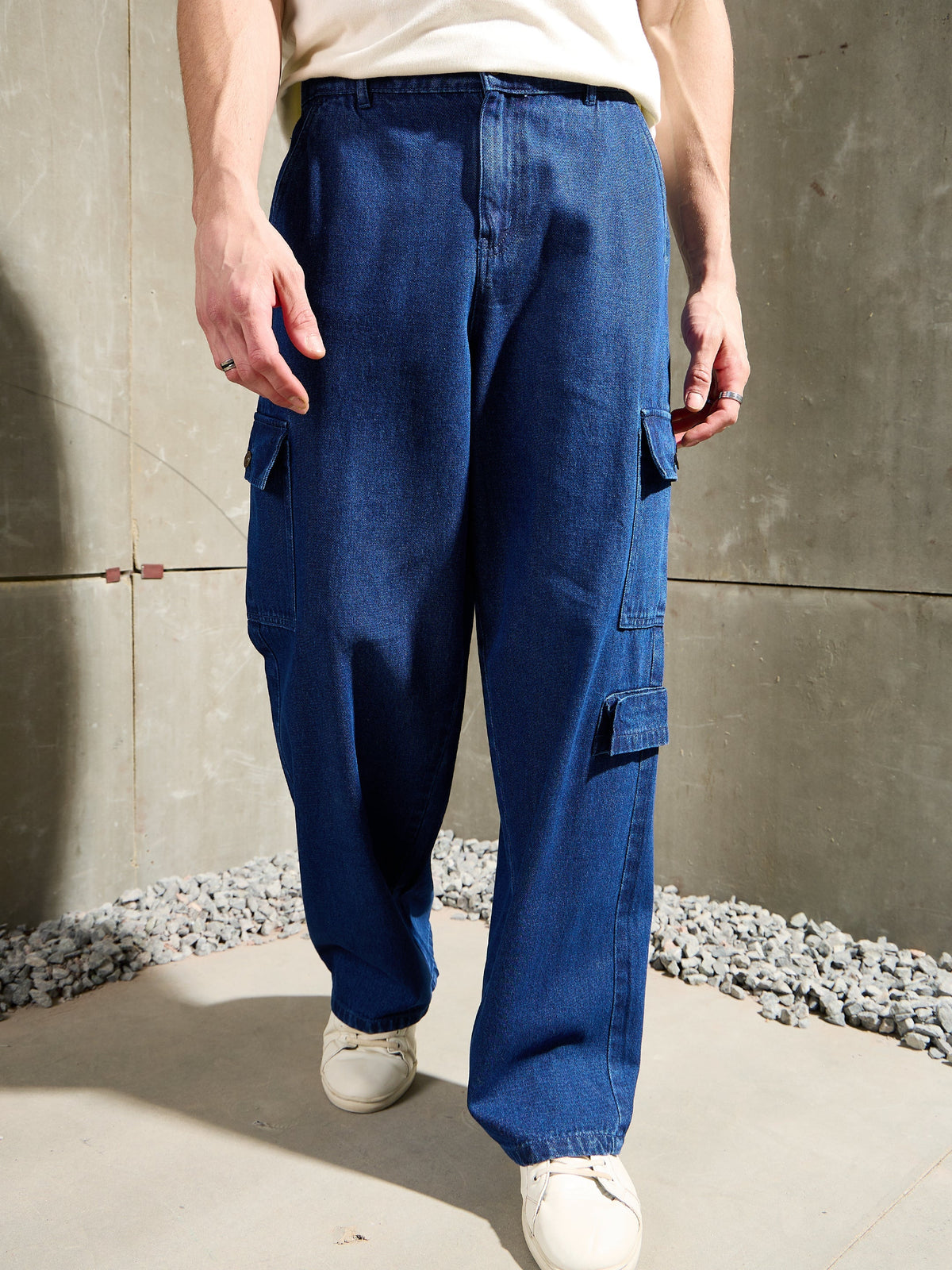 Men Navy Blue Wide Leg Cargo Jeans-MSJEAN0765