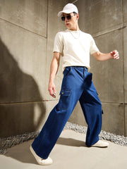 Men Navy Blue Wide Leg Cargo Jeans-MSJEAN0765