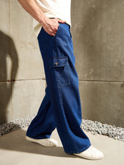 Men Navy Blue Wide Leg Cargo Jeans-MSJEAN0765