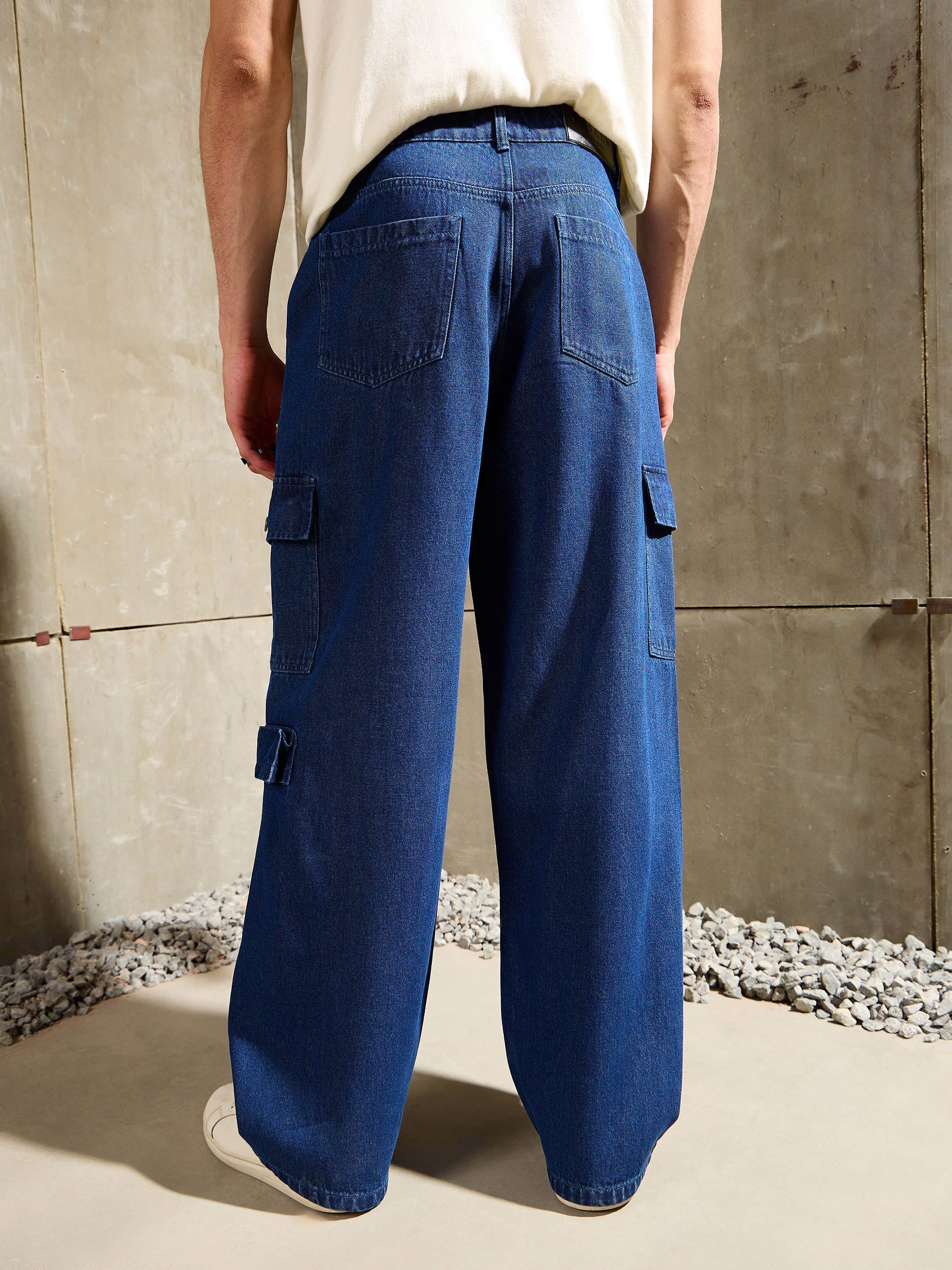 Men Navy Blue Wide Leg Cargo Jeans-MSJEAN0765