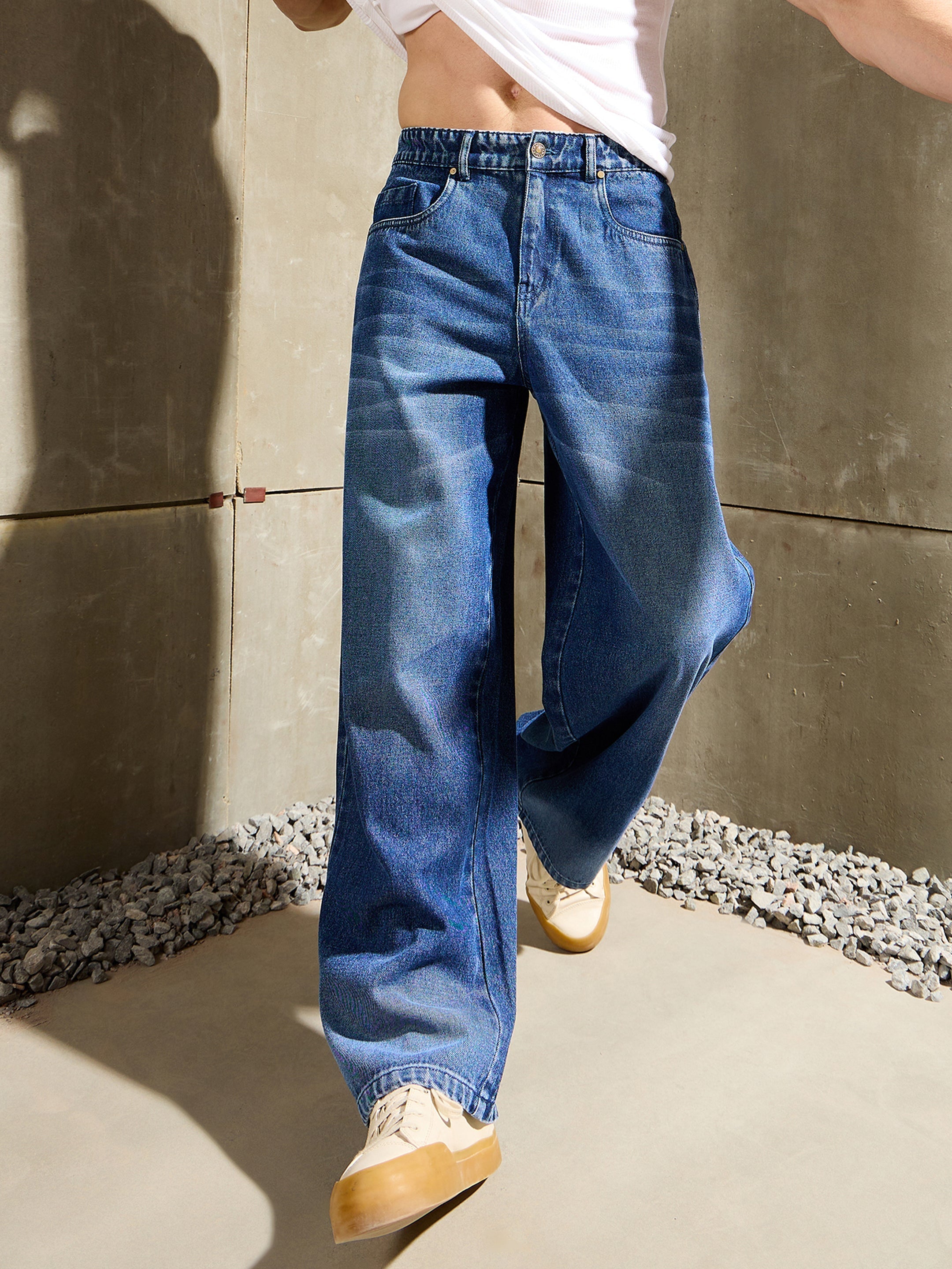Men Navy Blue Whisker Wash Wide Leg Jeans-MSJEAN0766