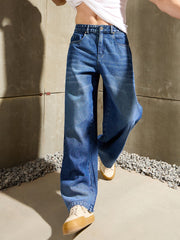 Men Navy Blue Whisker Wash Wide Leg Jeans-MSJEAN0766