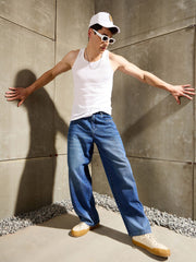 Men Navy Blue Whisker Wash Wide Leg Jeans-MSJEAN0766