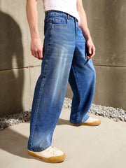 Men Navy Blue Whisker Wash Wide Leg Jeans-MSJEAN0766