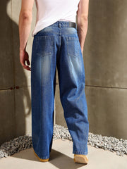 Men Navy Blue Whisker Wash Wide Leg Jeans-MSJEAN0766