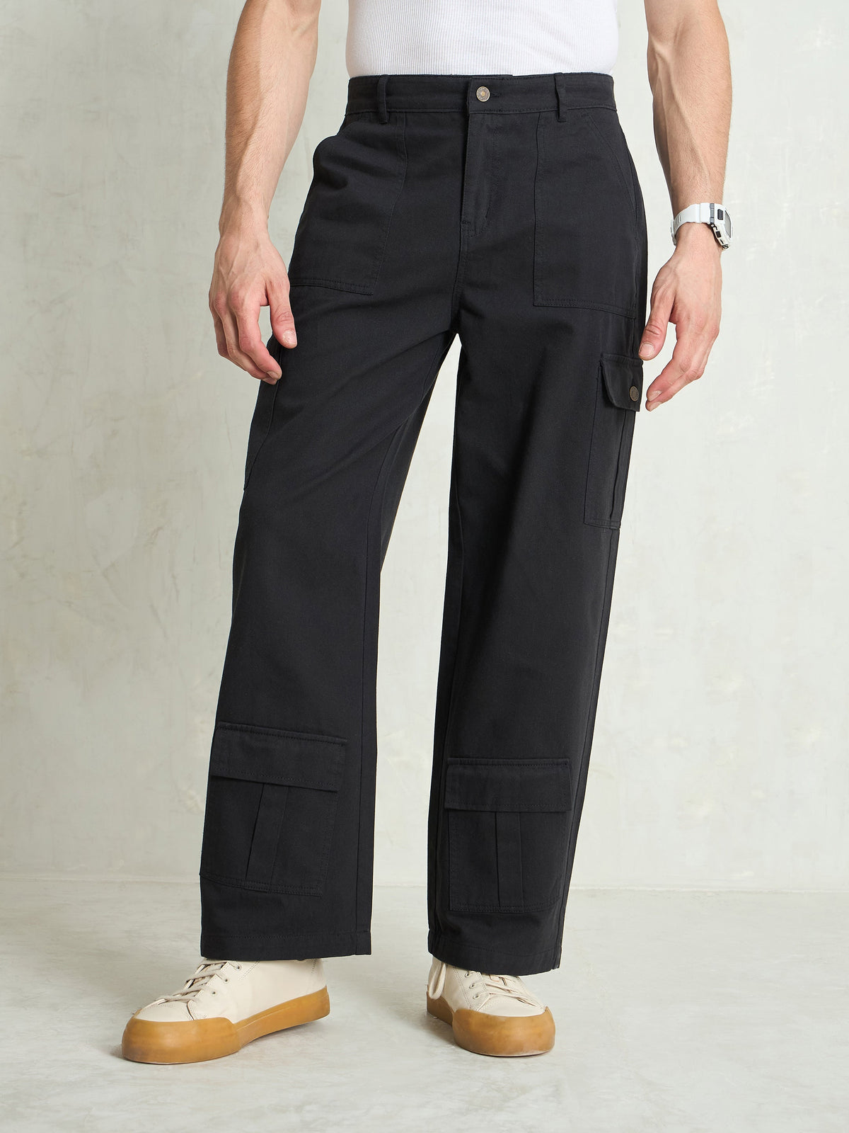 Men Black Twill Utility Cargo Pockets Wide Leg Pants-MSJEAN0787