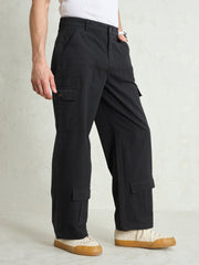 Men Black Twill Utility Cargo Pockets Wide Leg Pants-MSJEAN0787