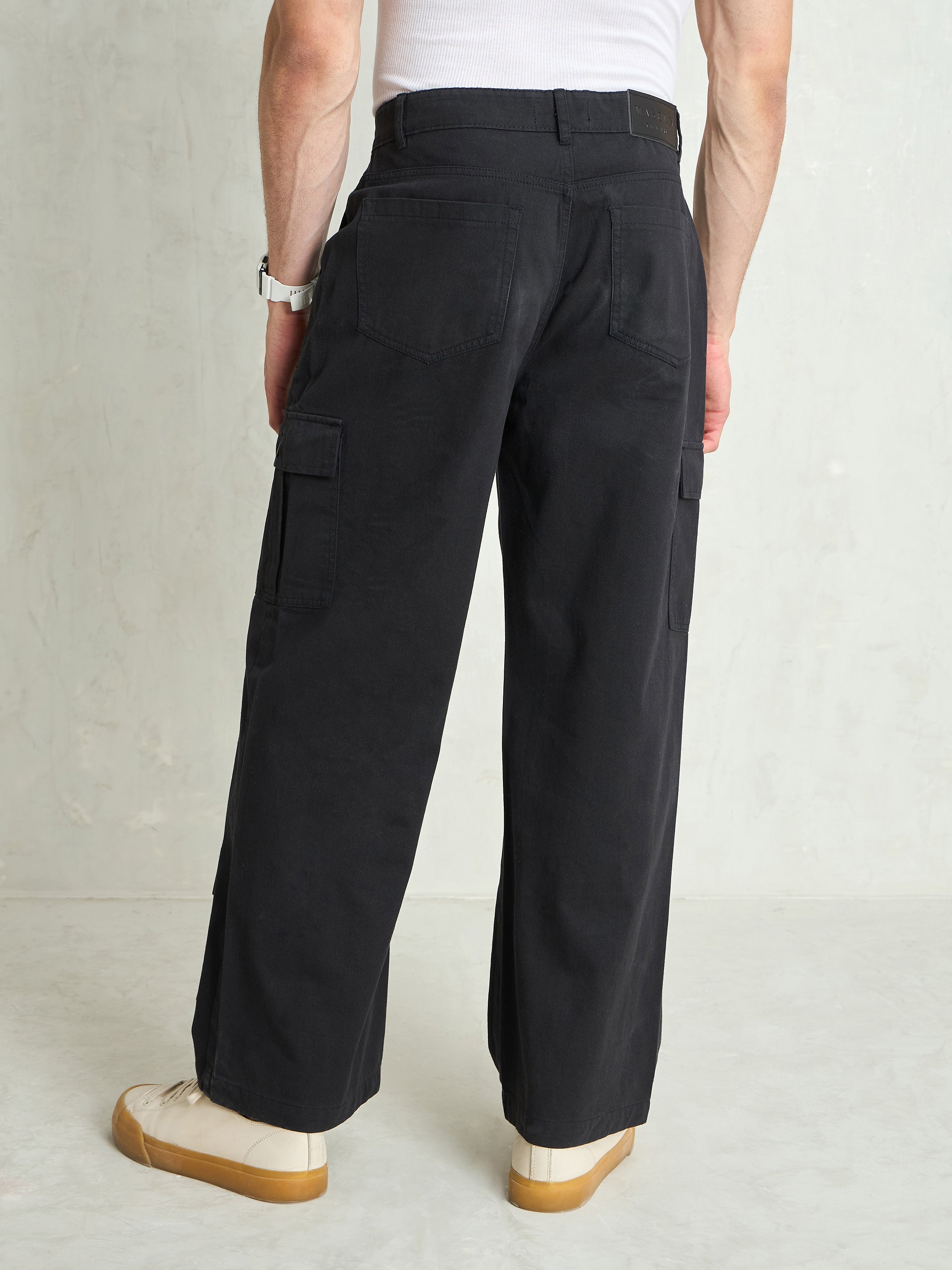 Men Black Twill Utility Cargo Pockets Wide Leg Pants-MSJEAN0787