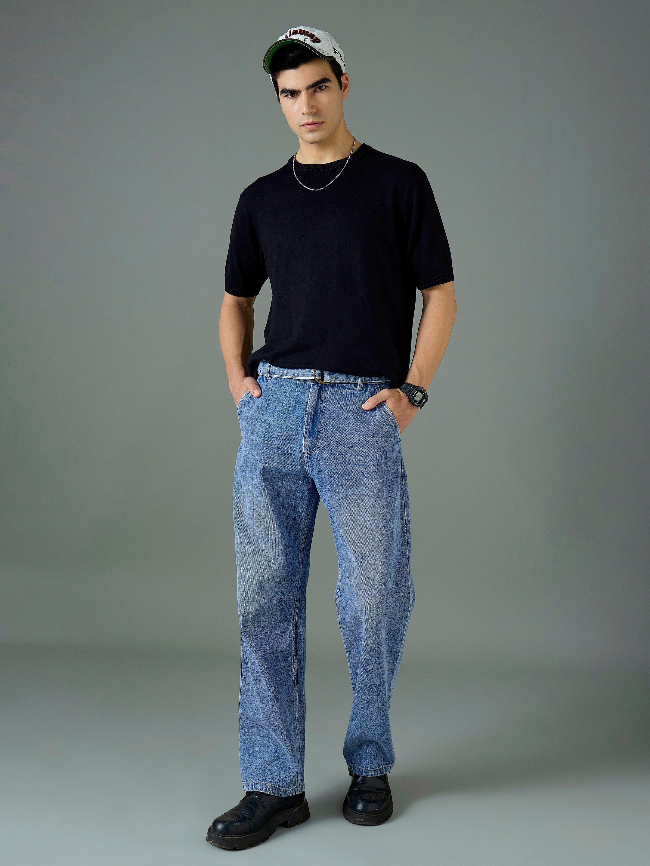 Men Light Blue Wash Front Belted Relax Fit Jeans-MSJEAN0843