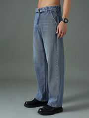 Men Light Blue Wash Front Belted Relax Fit Jeans-MSJEAN0843