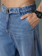 Men Light Blue Wash Front Belted Relax Fit Jeans-MSJEAN0843