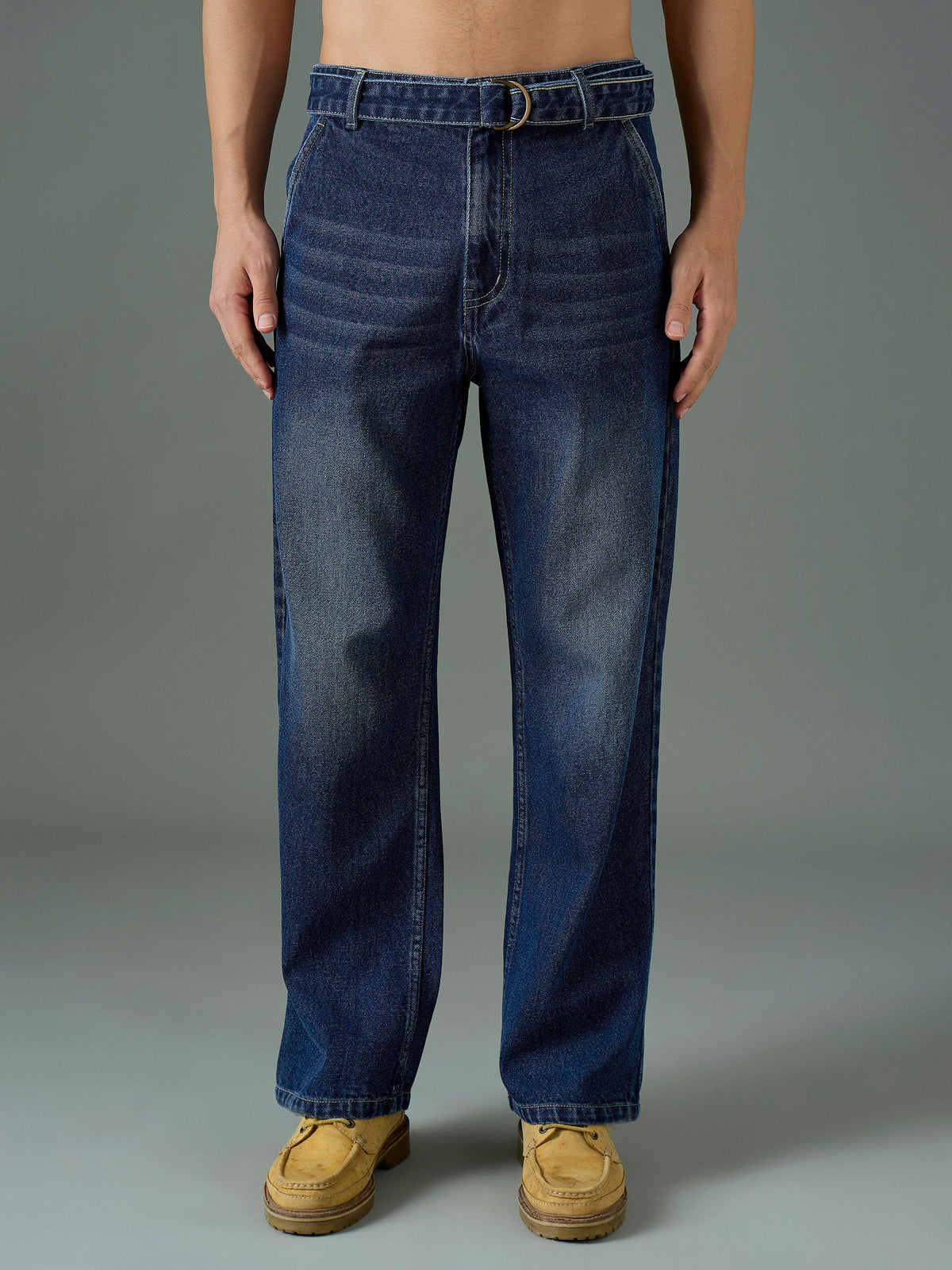 Men Navy Blue Wash Front Belted Relax Fit Jeans-MSJEAN0844