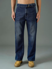 Men Navy Blue Wash Front Belted Relax Fit Jeans-MSJEAN0844