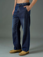 Men Navy Blue Wash Front Belted Relax Fit Jeans-MSJEAN0844