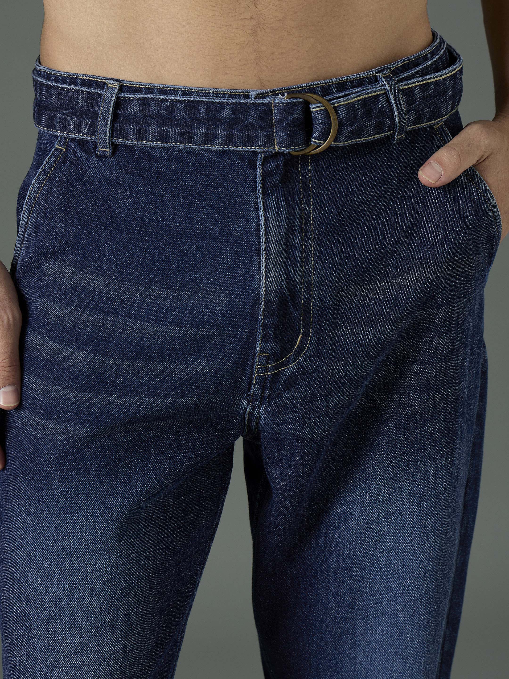 Men Navy Blue Wash Front Belted Relax Fit Jeans-MSJEAN0844