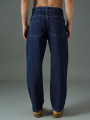 Men Navy Blue Wash Front Belted Relax Fit Jeans-MSJEAN0844