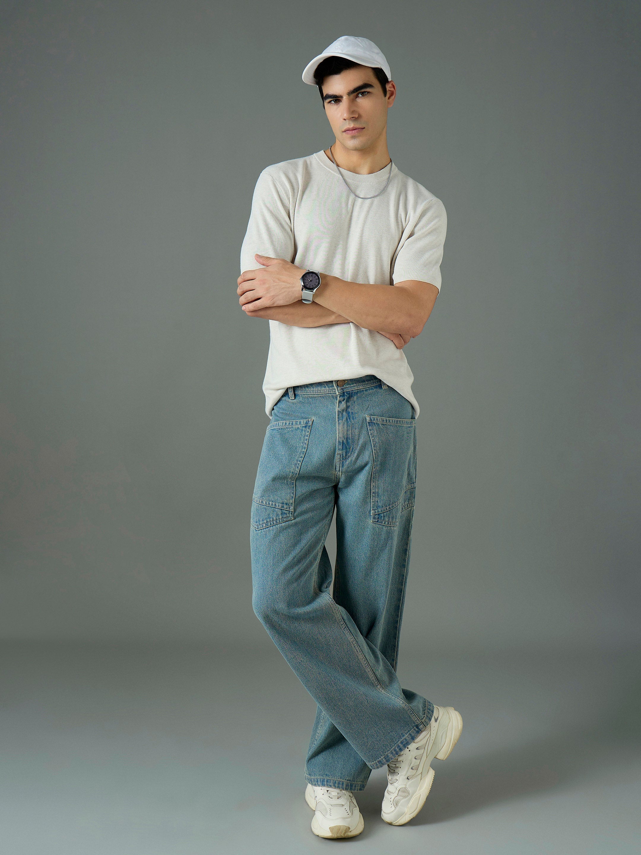 Men Light Blue Wash Front Pocket Relax Fit Jeans-MSJEAN0847