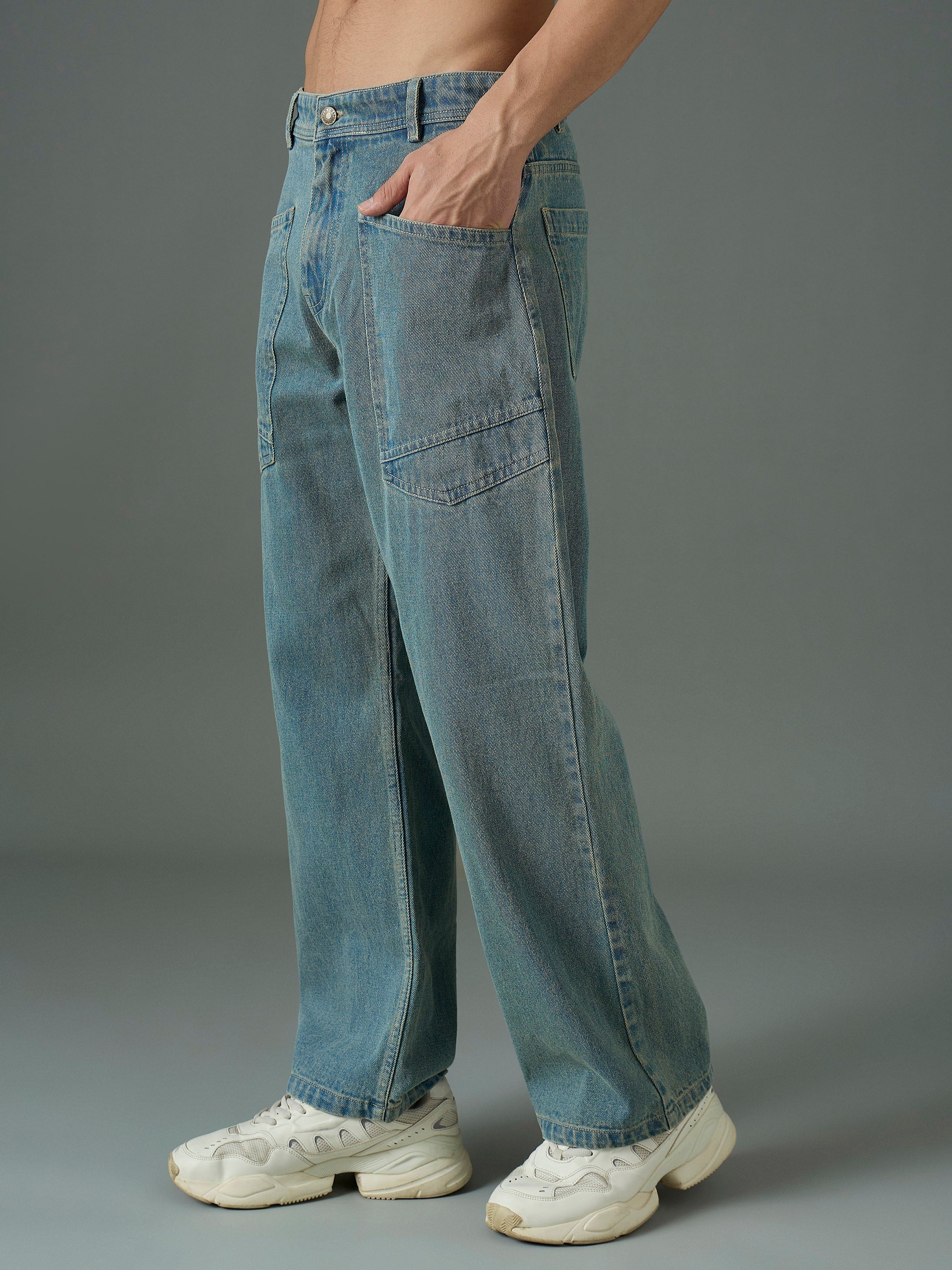 Men Light Blue Wash Front Pocket Relax Fit Jeans-MSJEAN0847