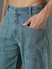 Men Light Blue Wash Front Pocket Relax Fit Jeans-MSJEAN0847