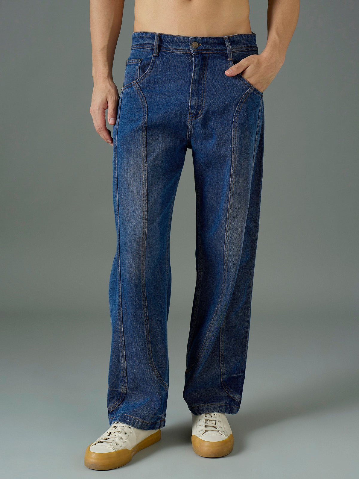 Men Navy Blue Front Detail Wide Leg Jeans-MSJEAN0849