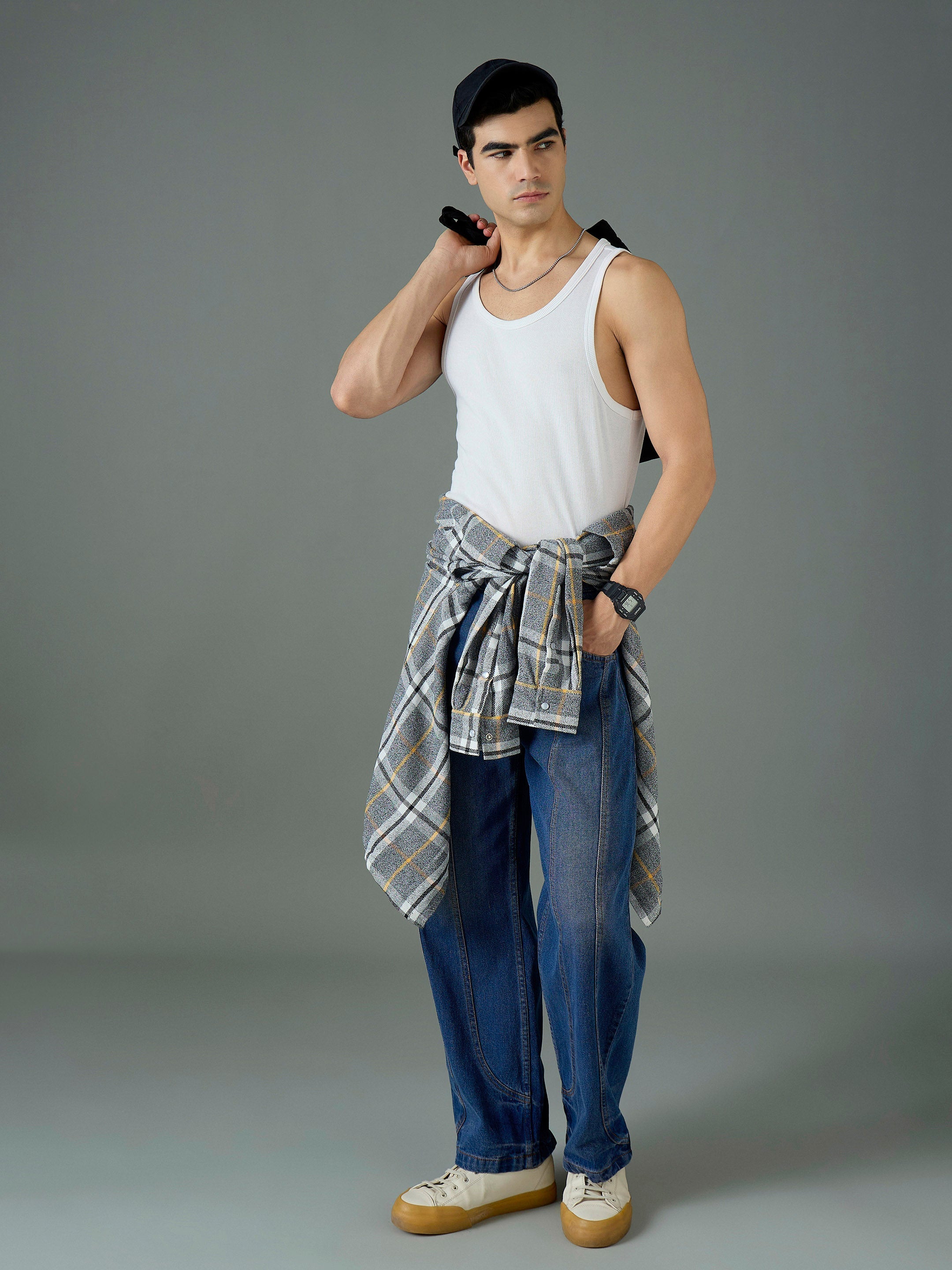 Men Navy Blue Front Detail Wide Leg Jeans-MSJEAN0849